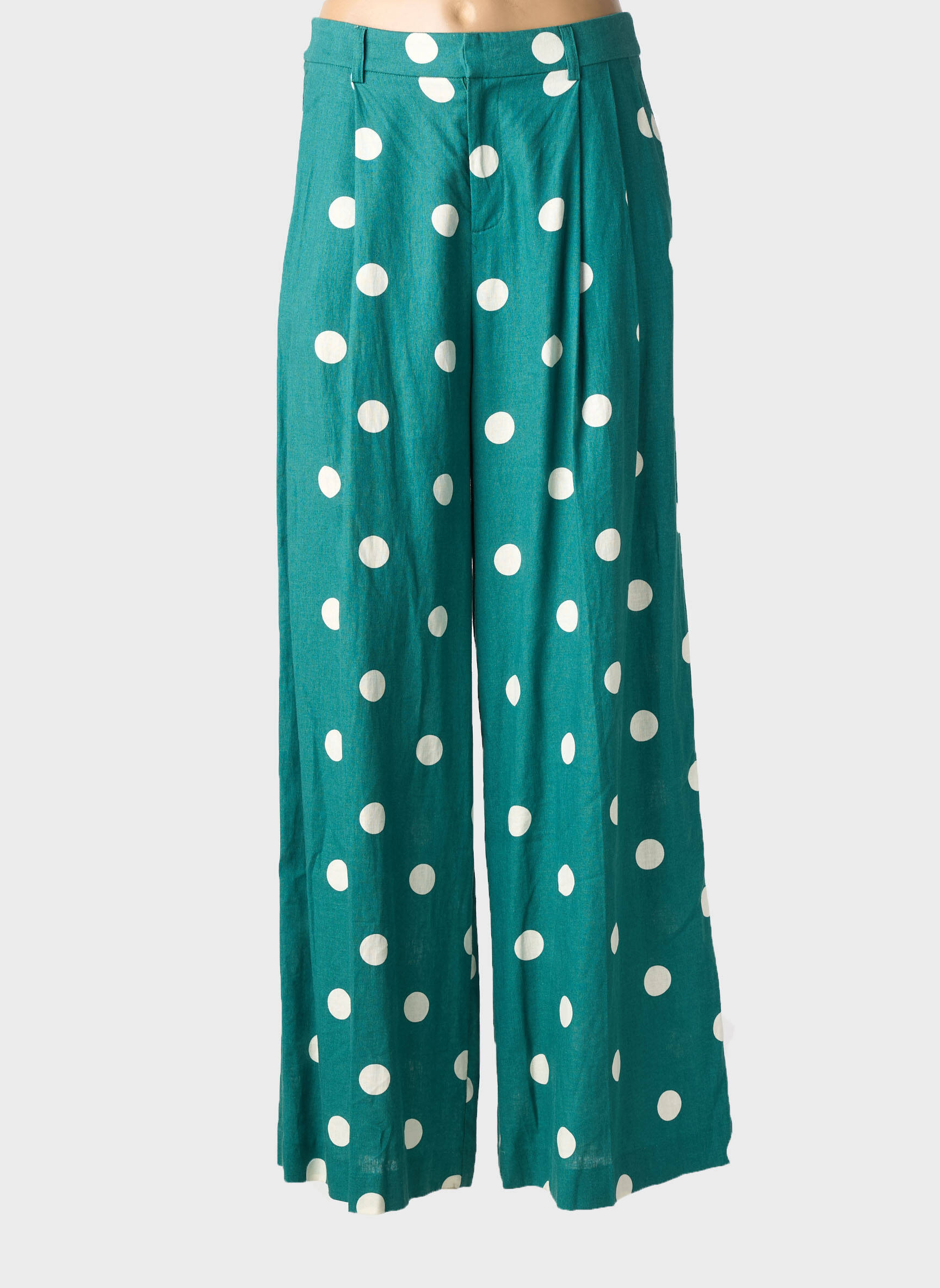 Pantalon larg țesătură poplin talie înaltă verde GRACE & MILA femeie