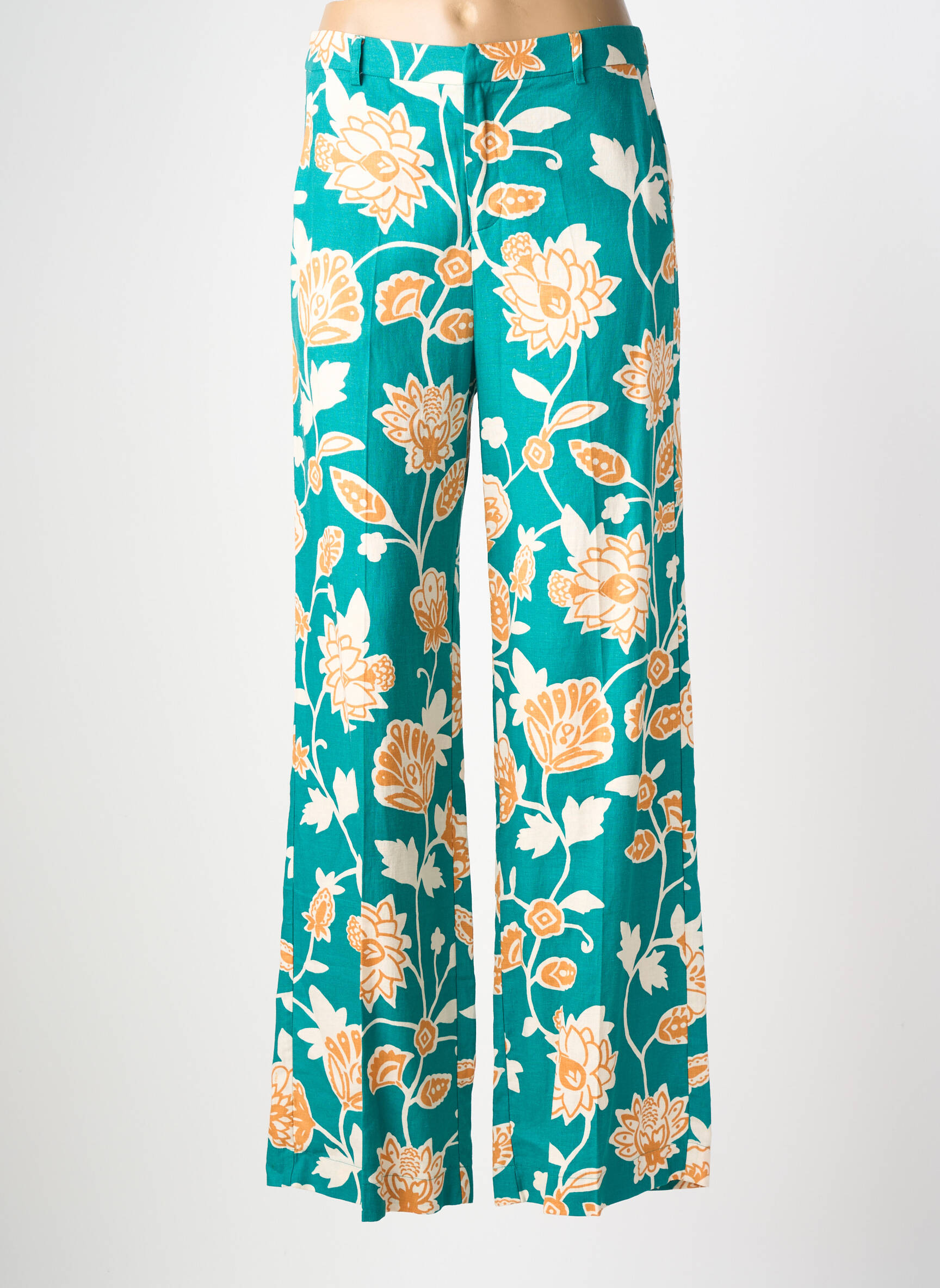 Pantalon larg țesătură poplin talie înaltă verde GRACE & MILA femeie