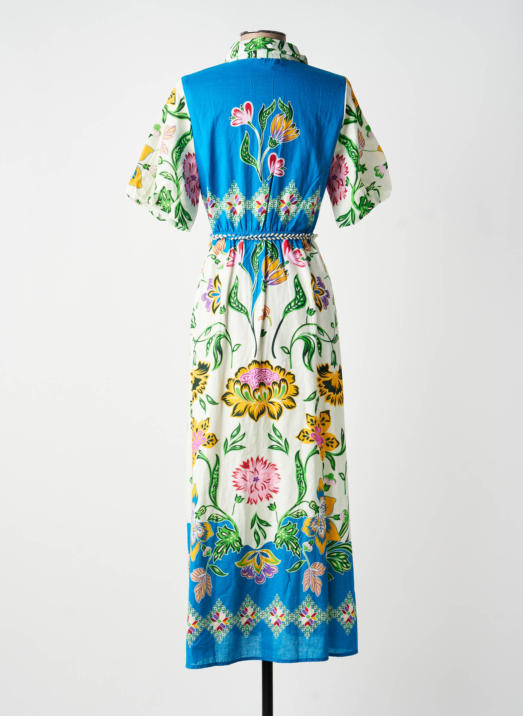 Rochie lungă imprimeu fantezie mâneci scurte albastru ANGE femeie