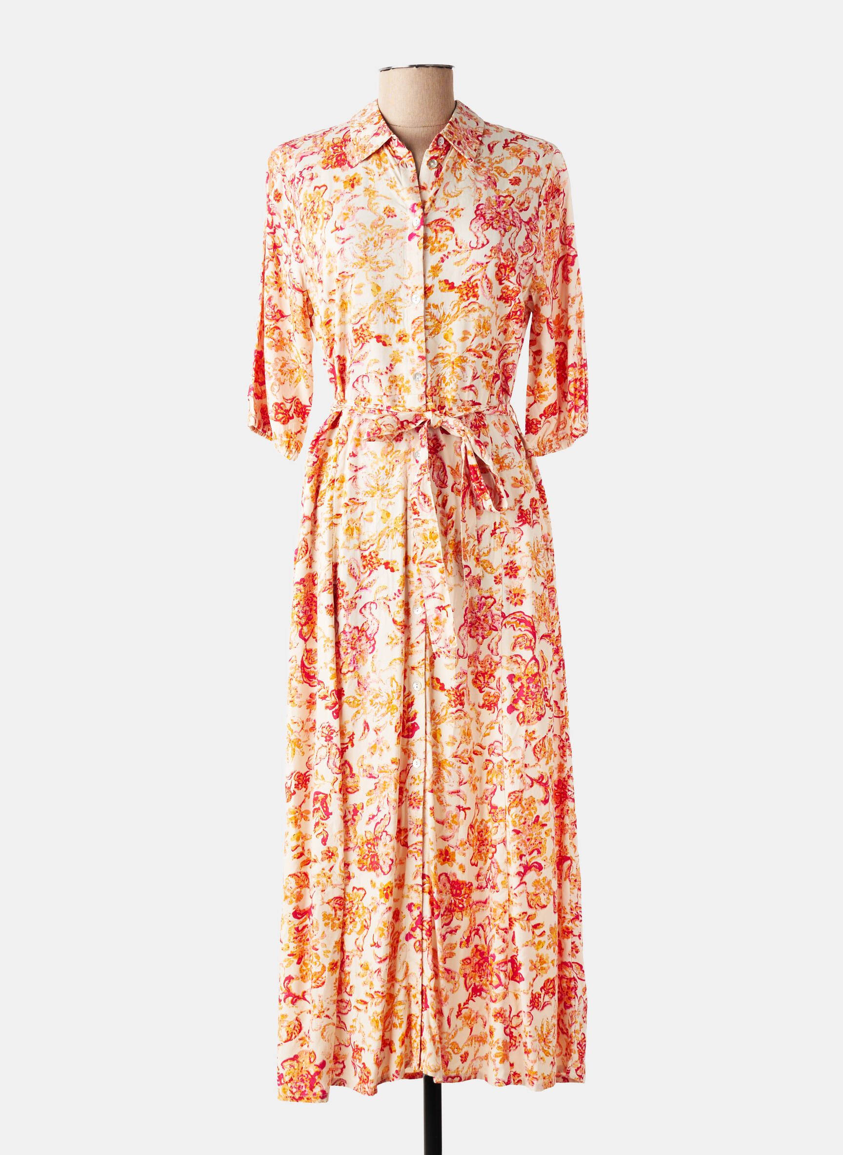 Rochie lungă imprimeu floral mâneci 3/4 bej CREAM femeie