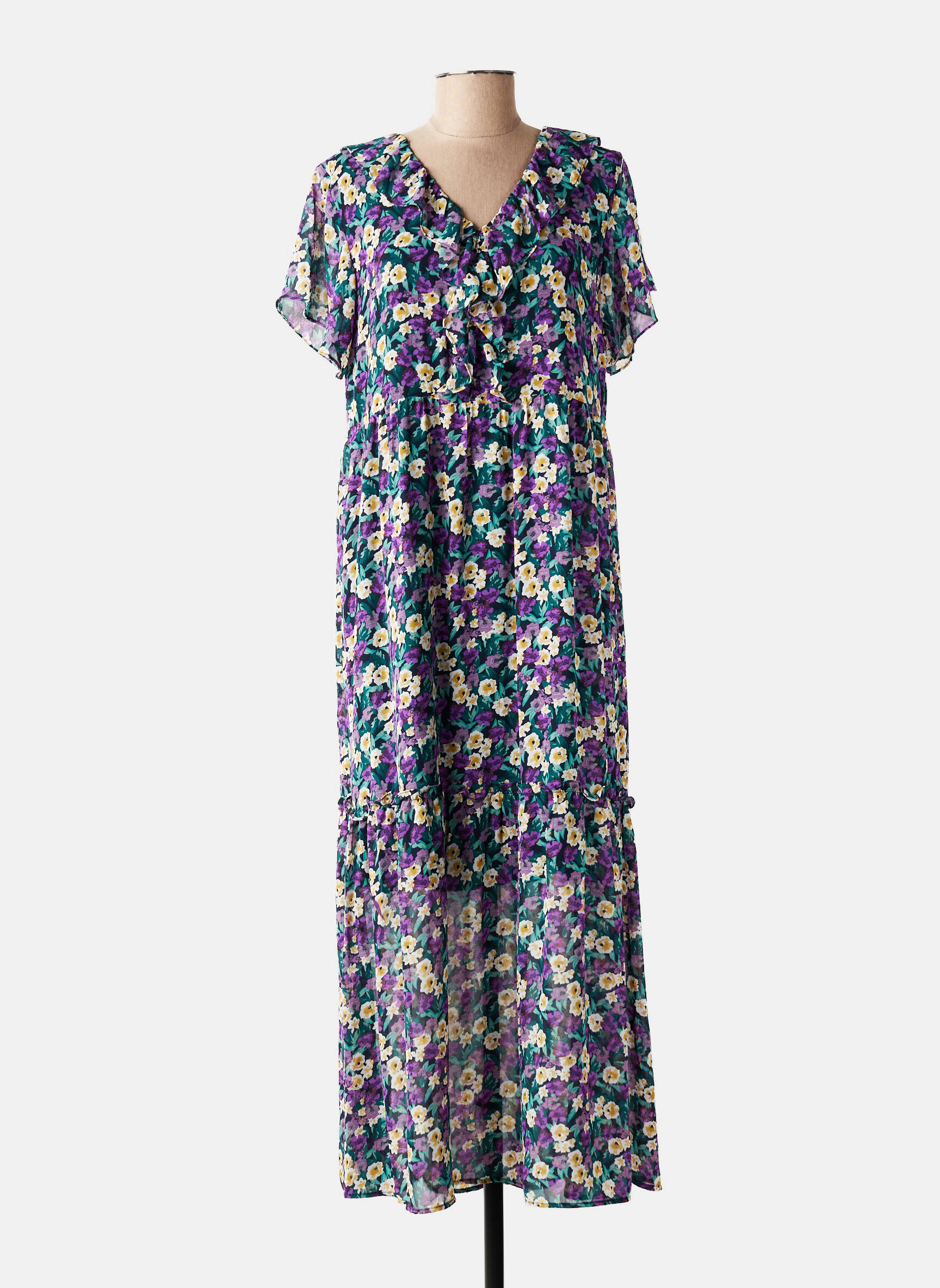Rochie lungă imprimeu floral mâneci scurte verde LILI & LALA femeie