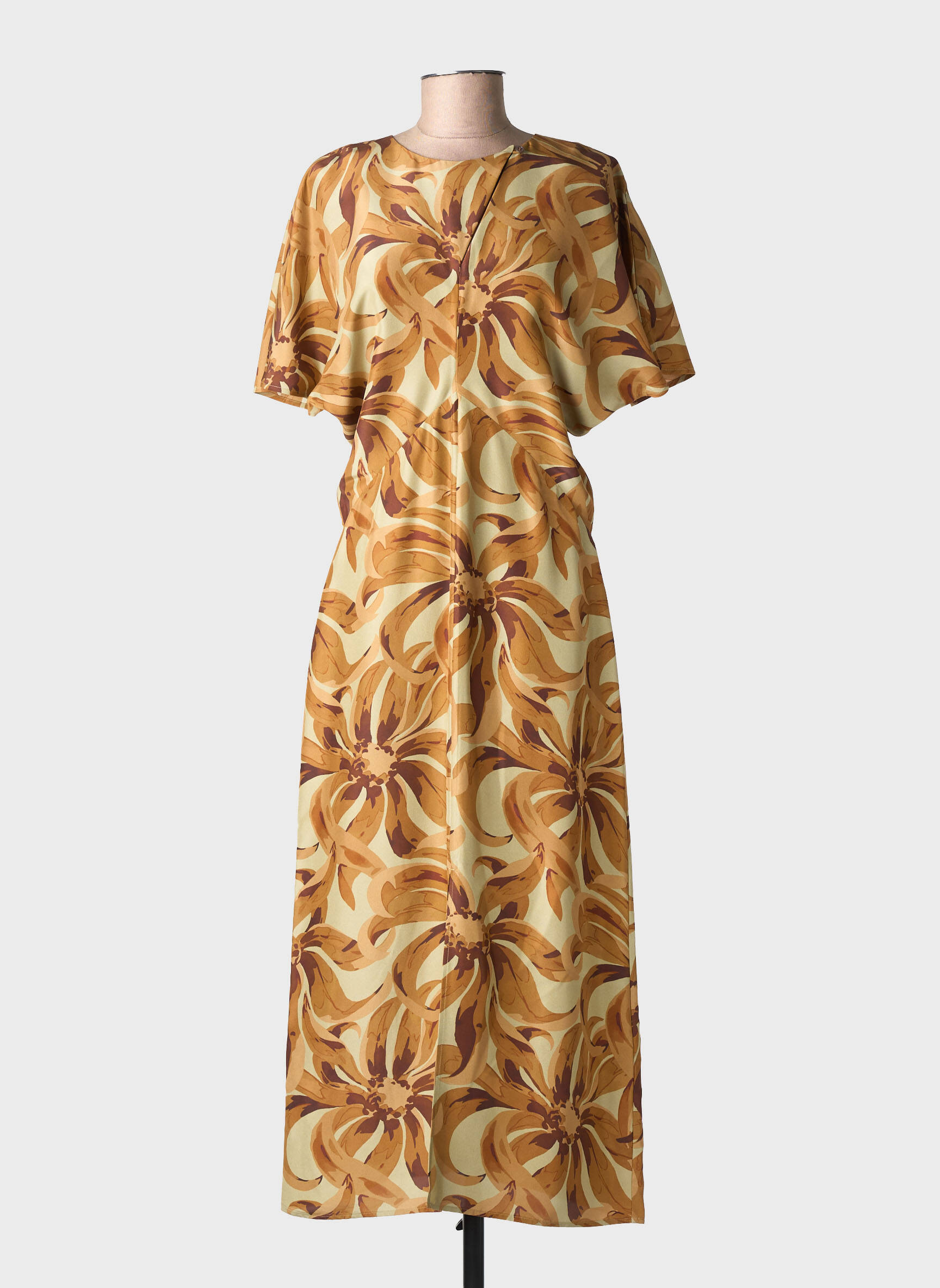 Rochie lungă imprimeu fantezie mâneci scurte maro SOEUR femeie