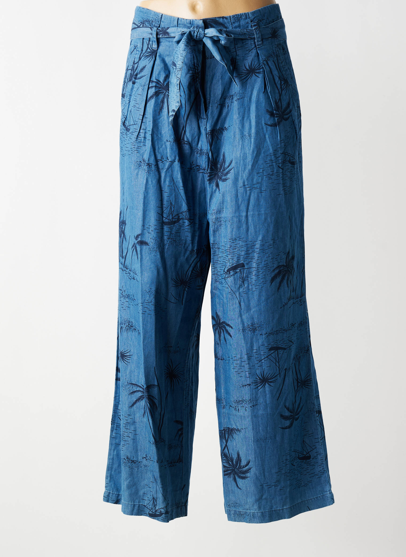 Pantalon larg țesătură poplin talie înaltă albastru KING LOUIE femeie