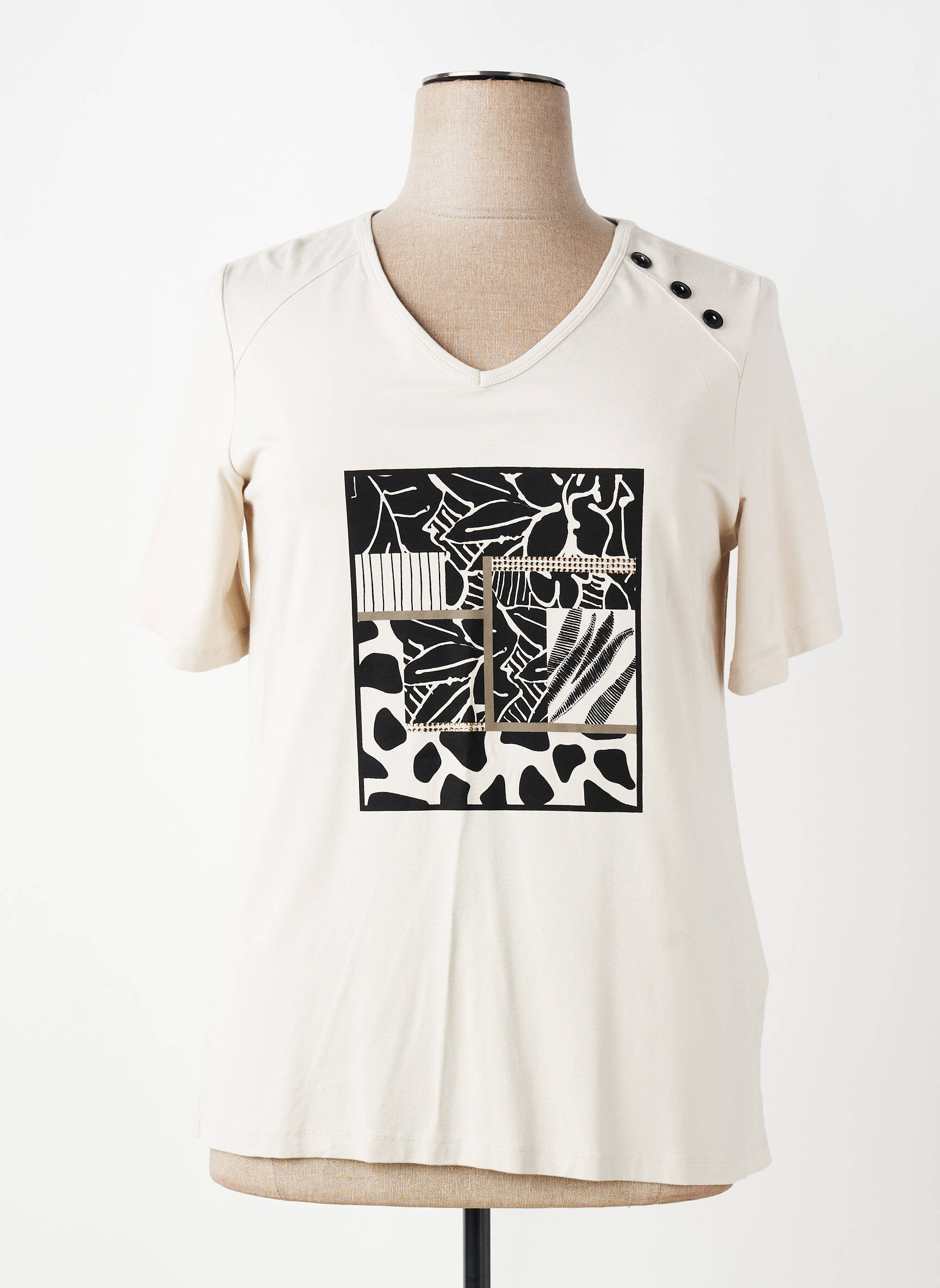 Tricou serigrafie flockată mâneci scurte bej SEE YOU femeie