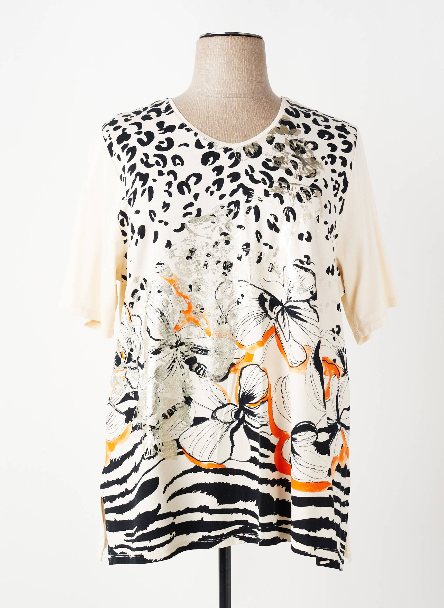Tricou imprimeu fantezie mâneci scurte bej LEAH CURVE femeie