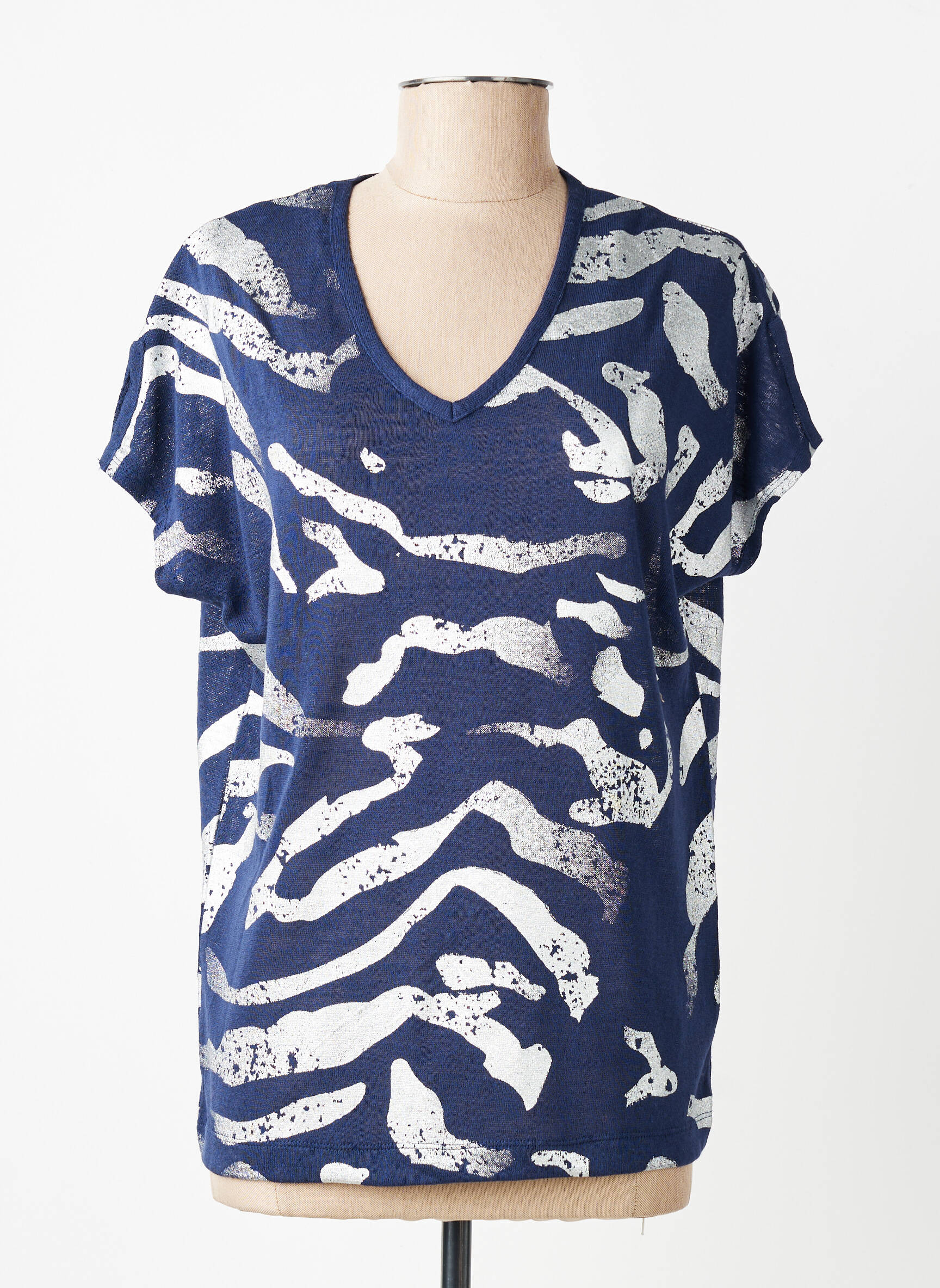 Tricou serigrafie flockată mâneci scurte albastru MARBLE femeie