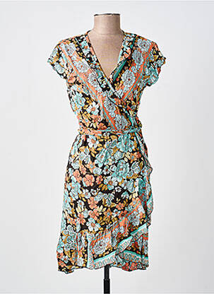 Rochie midi imprimeu fantezie mâneci scurte albastru LARAETHNICS femeie