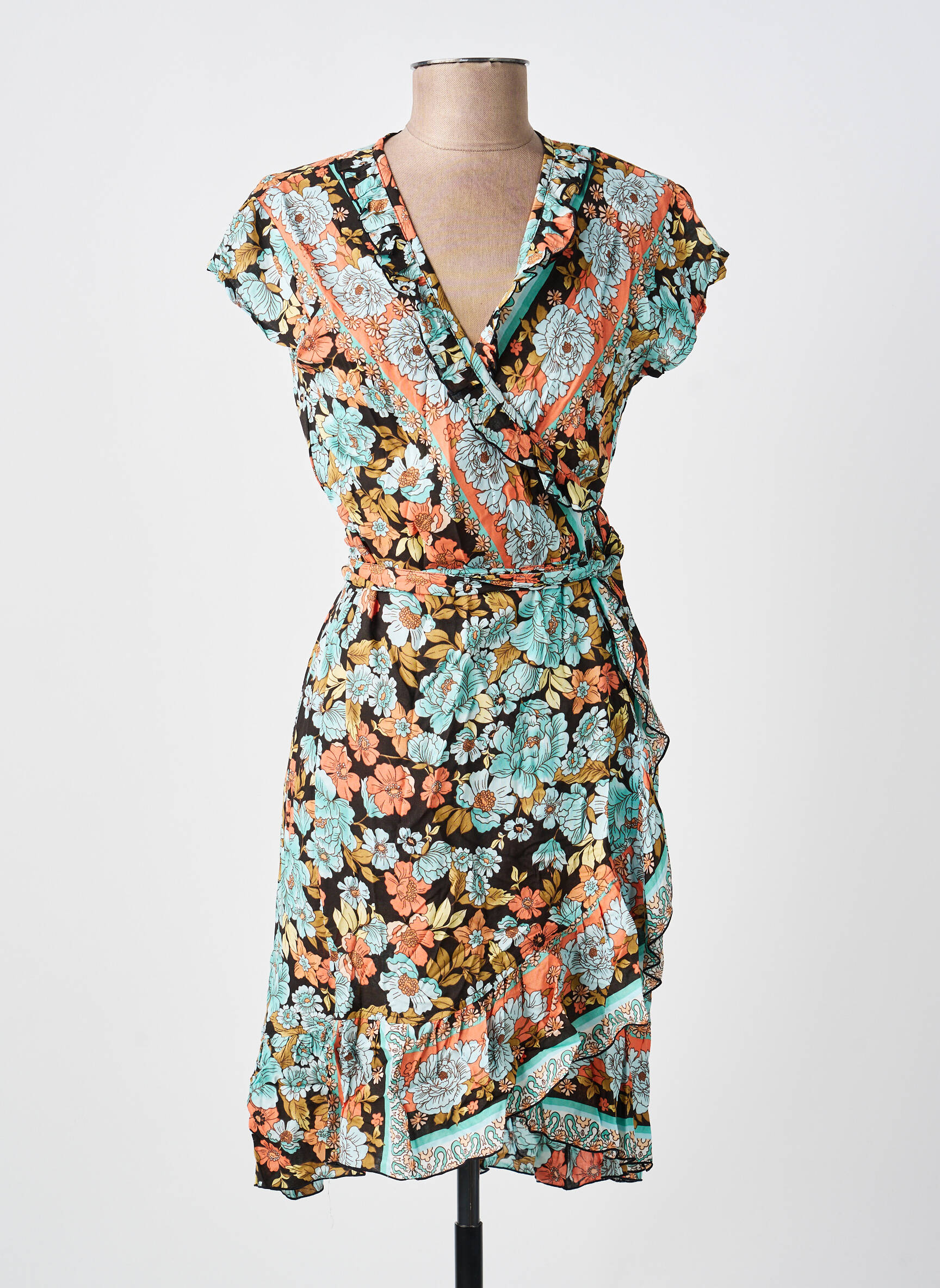 Rochie midi imprimeu fantezie mâneci scurte albastru LARAETHNICS femeie