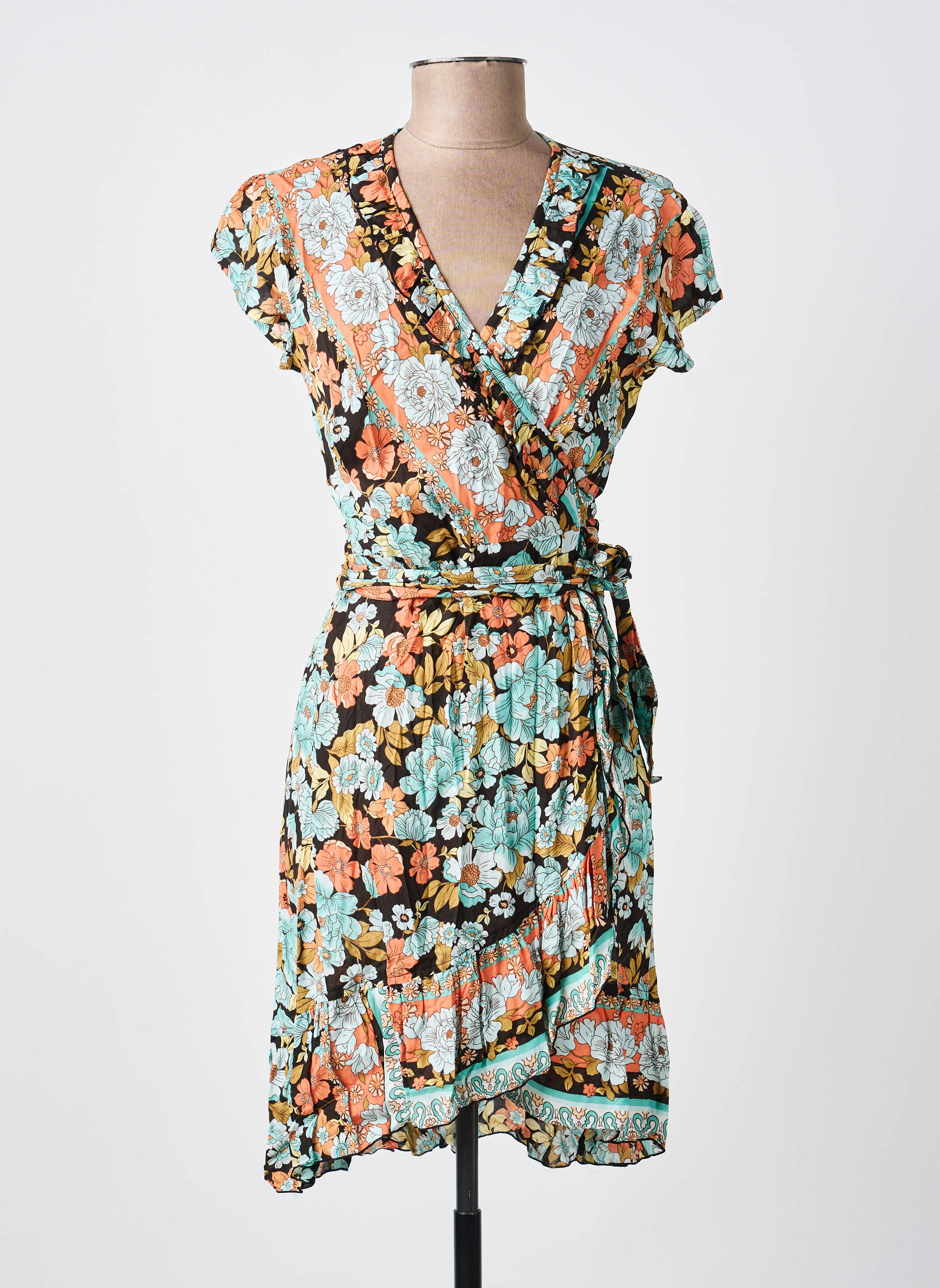 Rochie scurtă imprimeu floral mâneci scurte albastru LARAETHNICS femeie