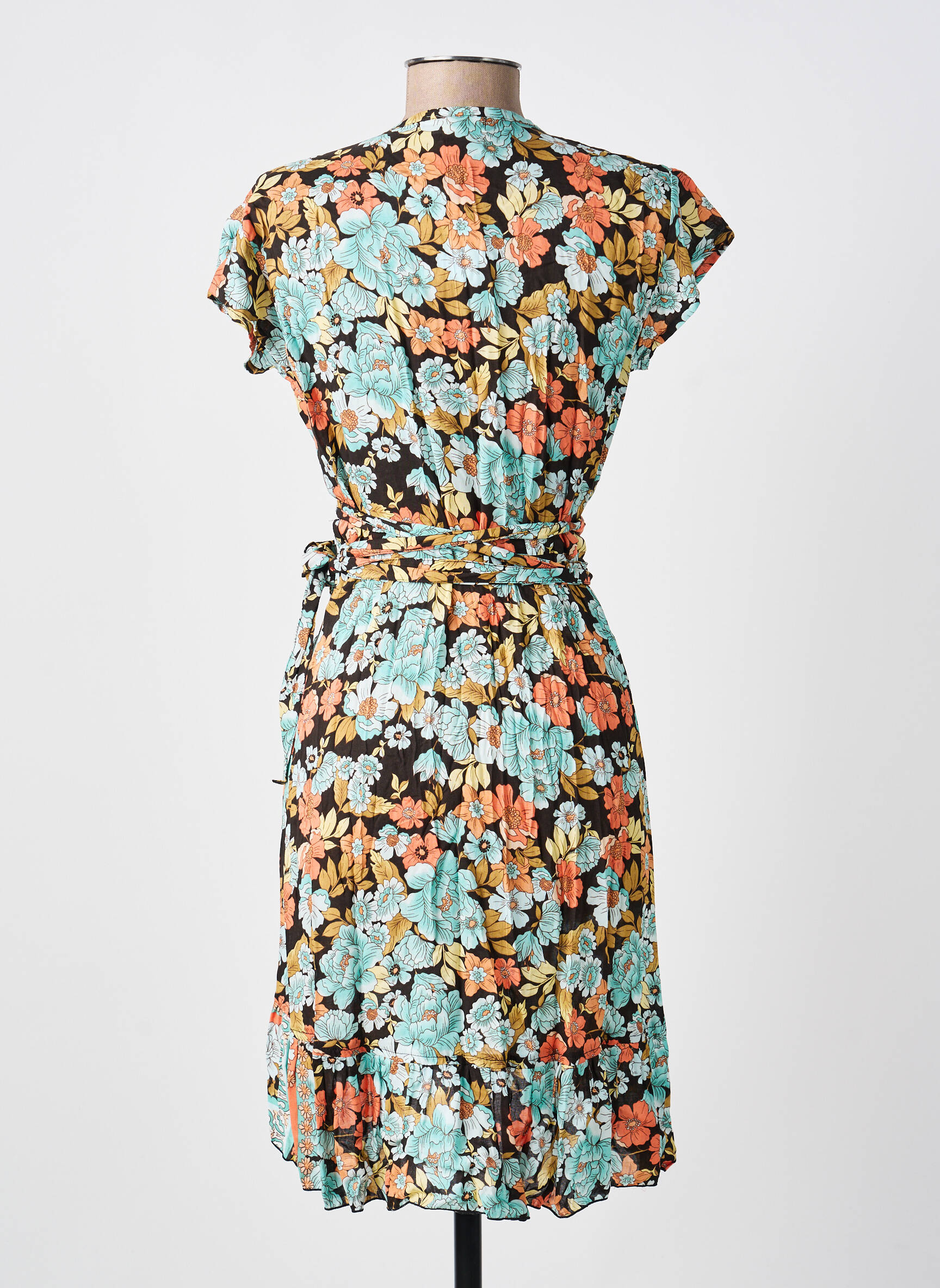 Rochie scurtă imprimeu floral mâneci scurte albastru LARAETHNICS femeie