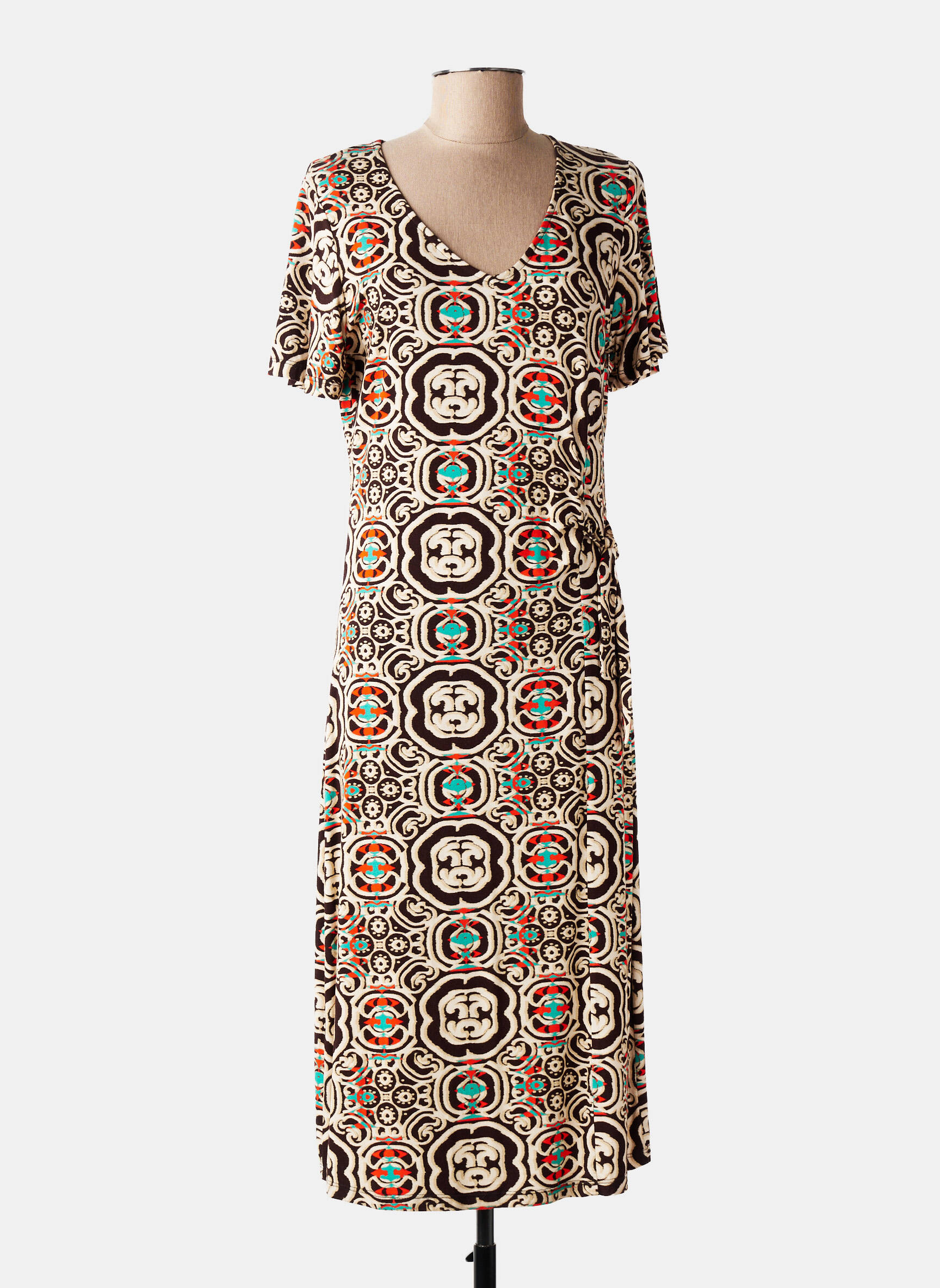 Rochie midi imprimeu fantezie mâneci scurte bej AZAY femeie