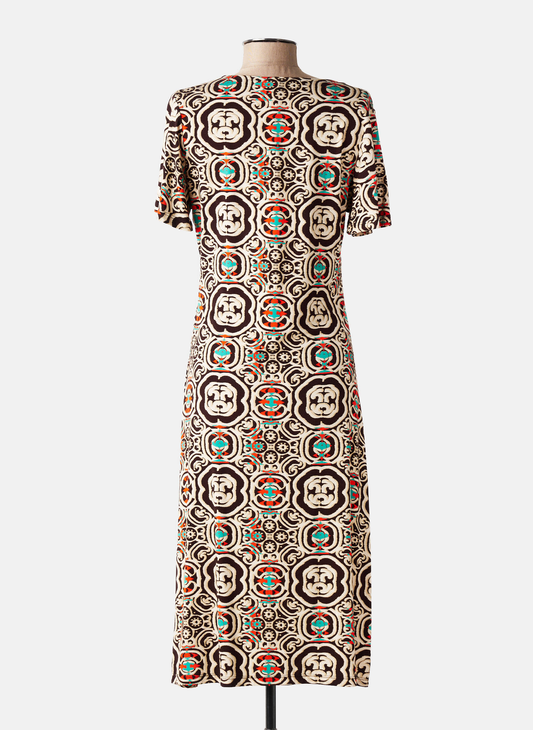 Rochie midi imprimeu fantezie mâneci scurte bej AZAY femeie