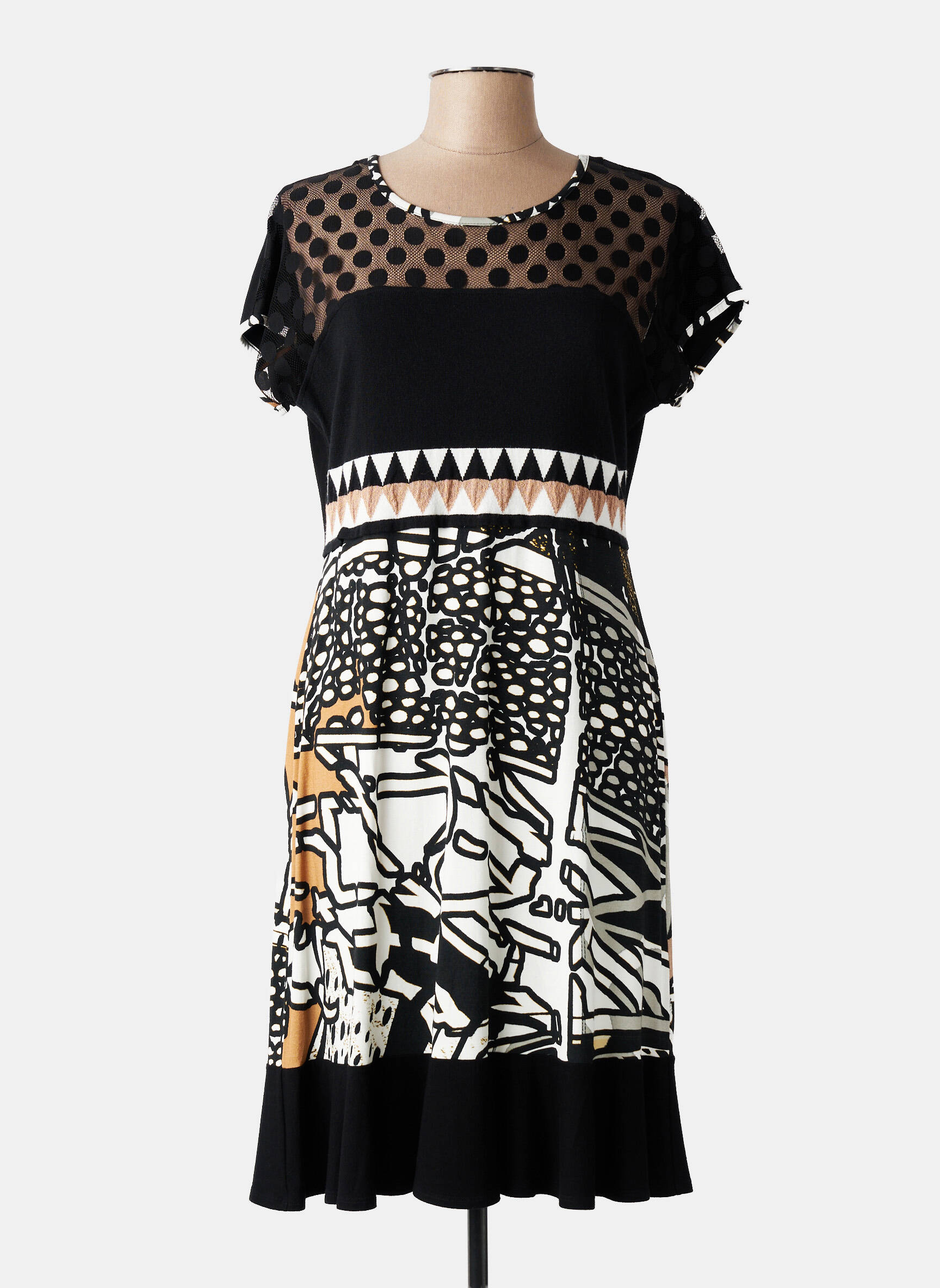 Rochie midi imprimeu fantezie mâneci scurte negru OLIVIER PHILIPS femeie