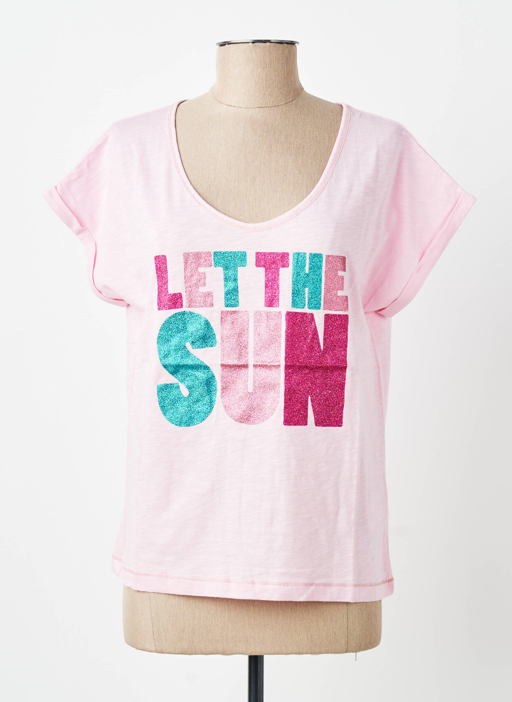 Tricou croială dreaptă mâneci scurte roz MY HELLO JOY femeie