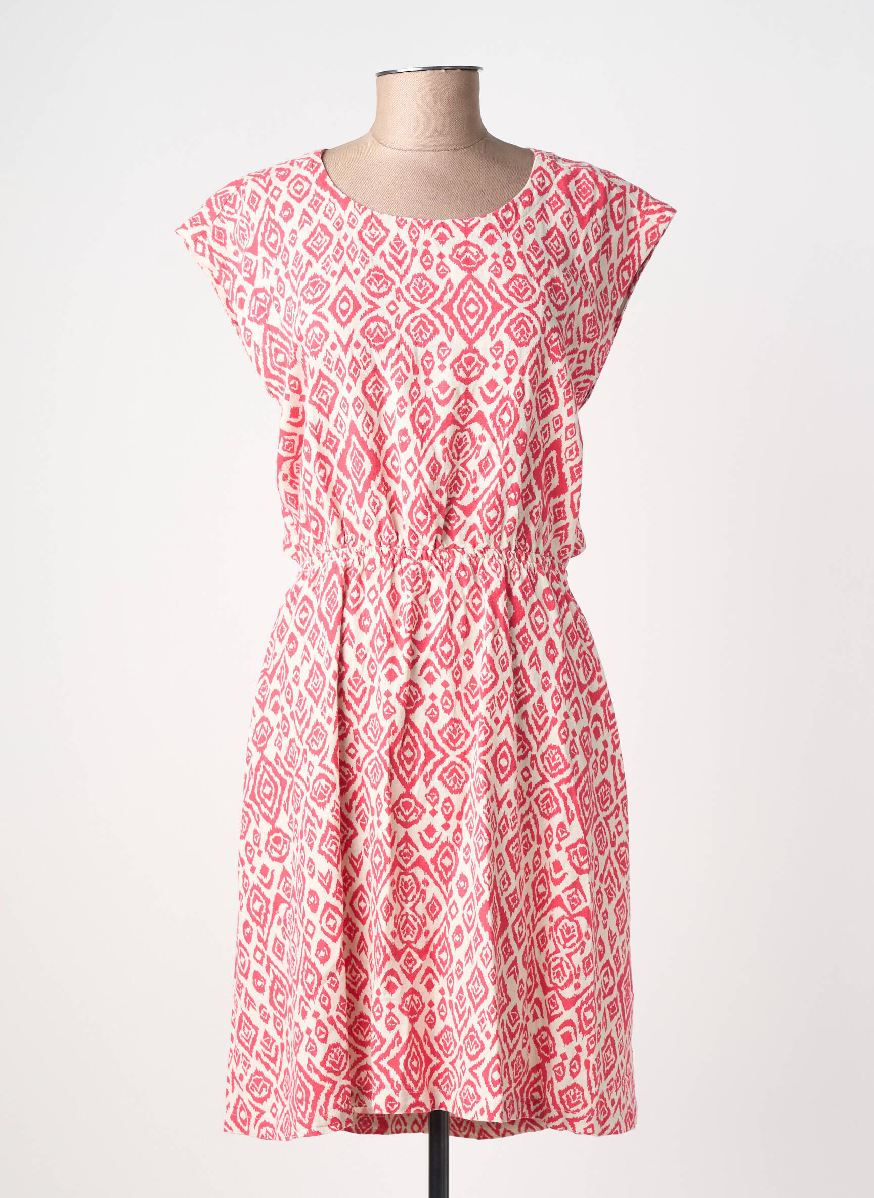 Rochie midi imprimeu fantezie mâneci scurte roz ICHI femeie