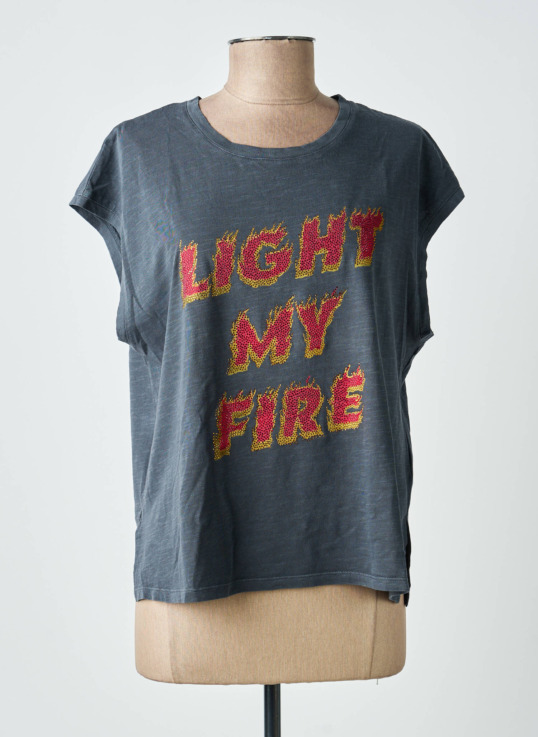 Tricou serigrafie cu strasuri mâneci scurte gri FREEMAN T.PORTER femeie