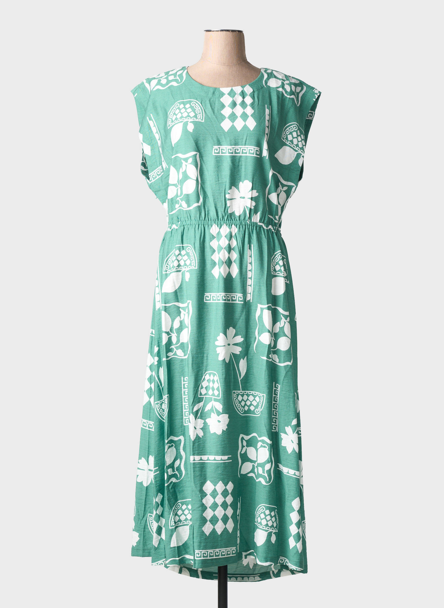 Rochie lungă imprimeu fantezie mâneci scurte verde ICHI femeie