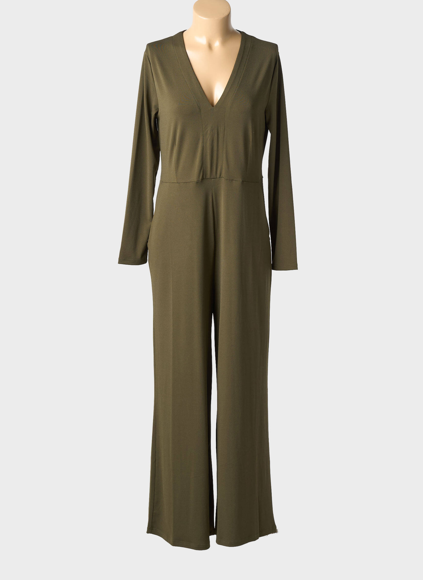 Salopetă-pantalon țesătură poplin mâneci lungi verde SURKANA femeie
