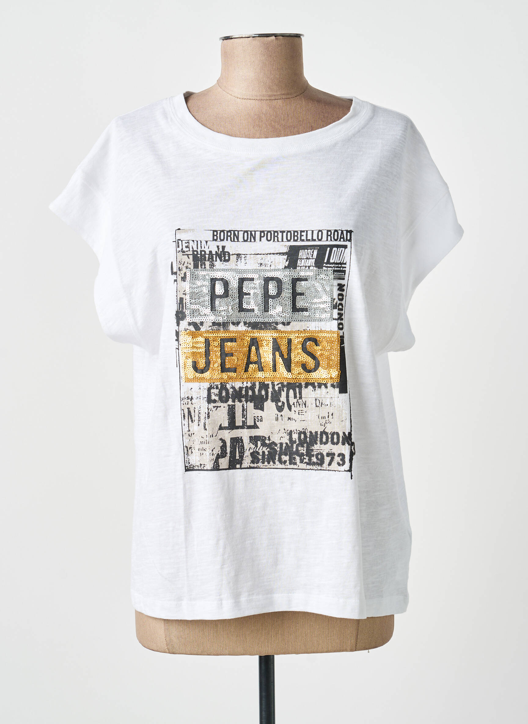 Tricou serigrafie cu strasuri mâneci scurte alb PEPE JEANS femeie