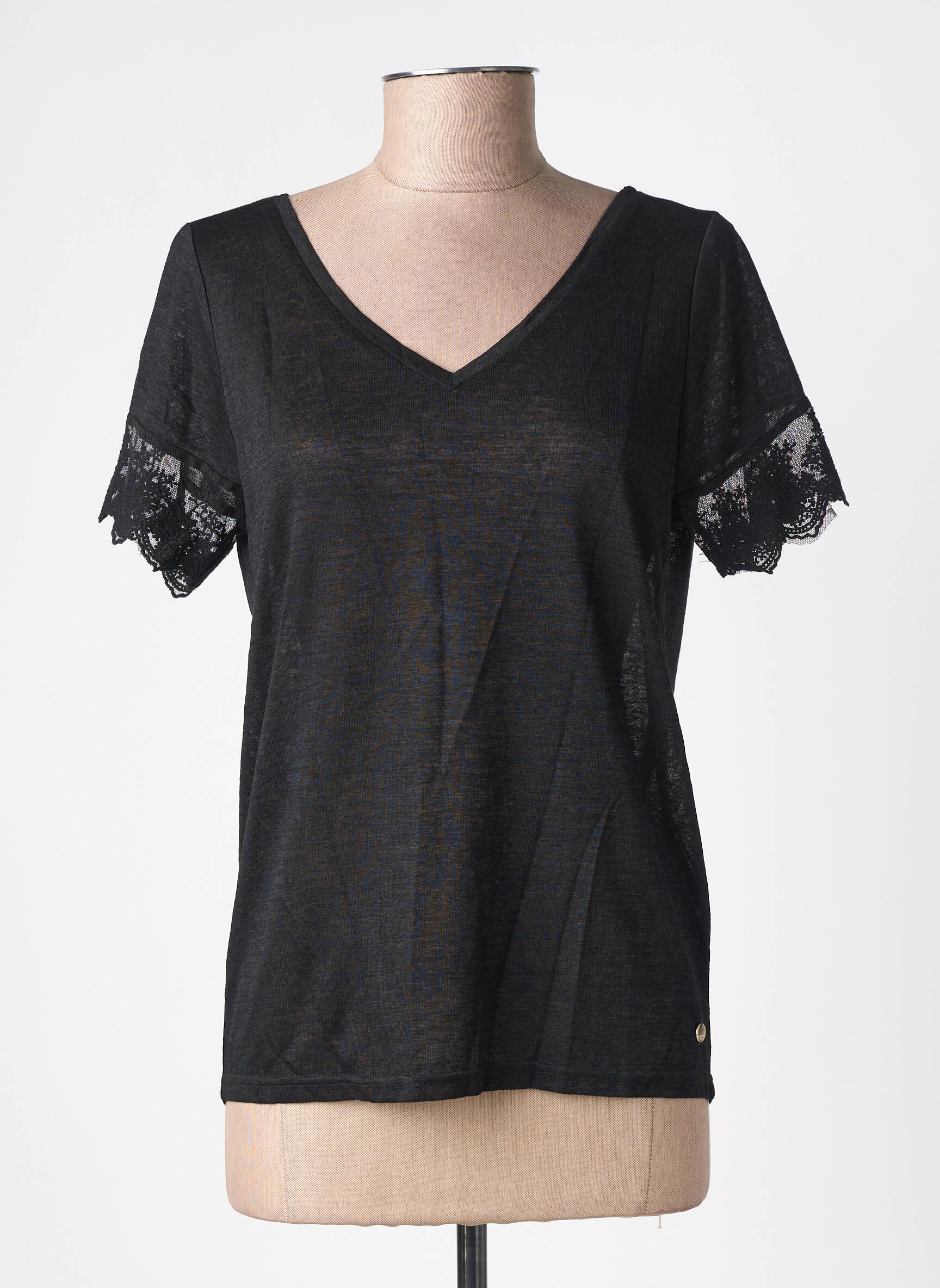 Tricou guler în v mâneci scurte negru DEELUXE femeie